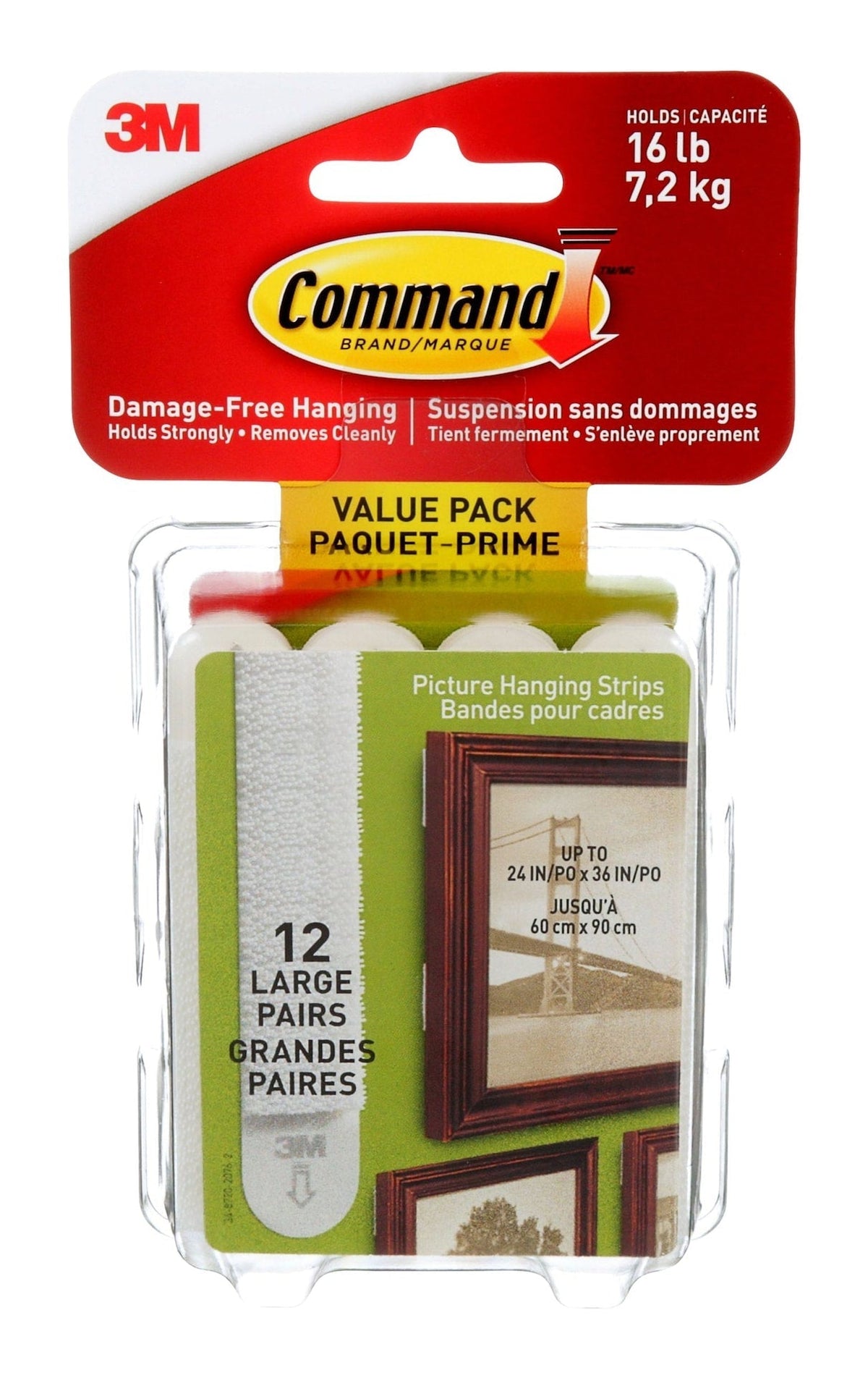 Large Adhesive Picture Hanging Strips Value Pack, White, 16-lbs, 12 Strips per Pack X3C8 - product image 1