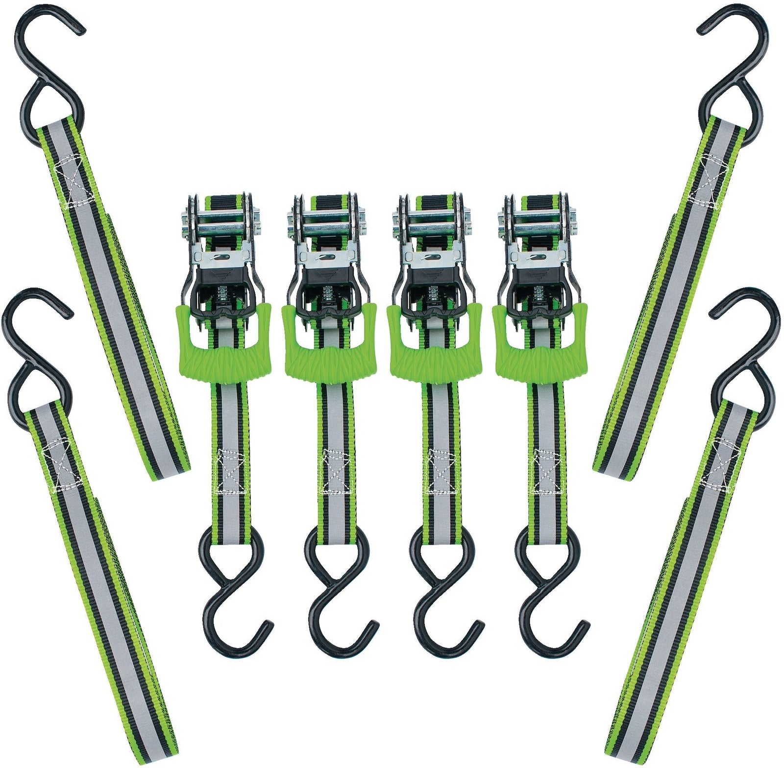 1,500-lb Reflective Ratchet Tie Down Strap, with Padded D-Handle, 1-in x 12-ft, 4-pk, Green B0B9 - product image 1