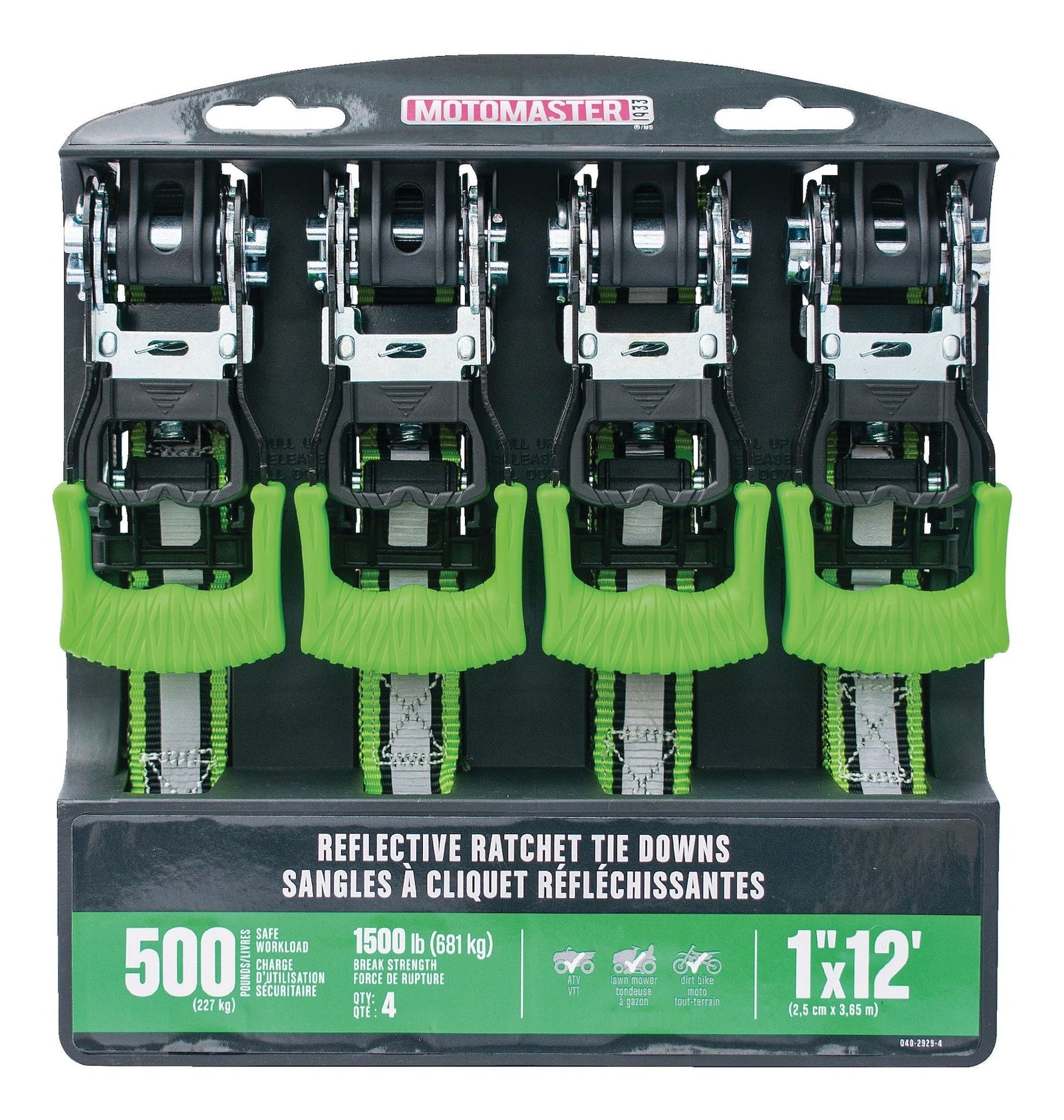 1,500-lb Reflective Ratchet Tie Down Strap, with Padded D-Handle, 1-in x 12-ft, 4-pk, Green B0B9 - product image 2