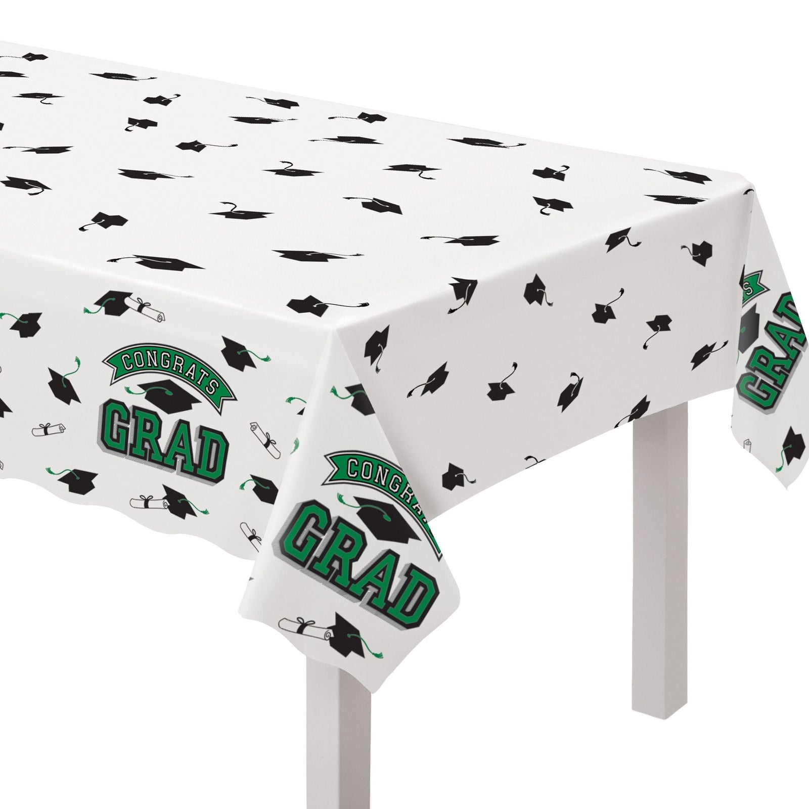 "Congrats Grad" Rectangle Plastic Reusable Table Cover, Green, 54x84-in, for Graduation U5P4 - product image 1