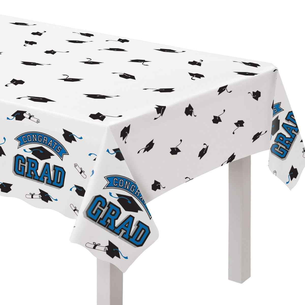 "Congrats Grad" Rectangle Plastic Reusable Table Cover, Navy, 54x84-in, for Graduation N8O5 - product image 1