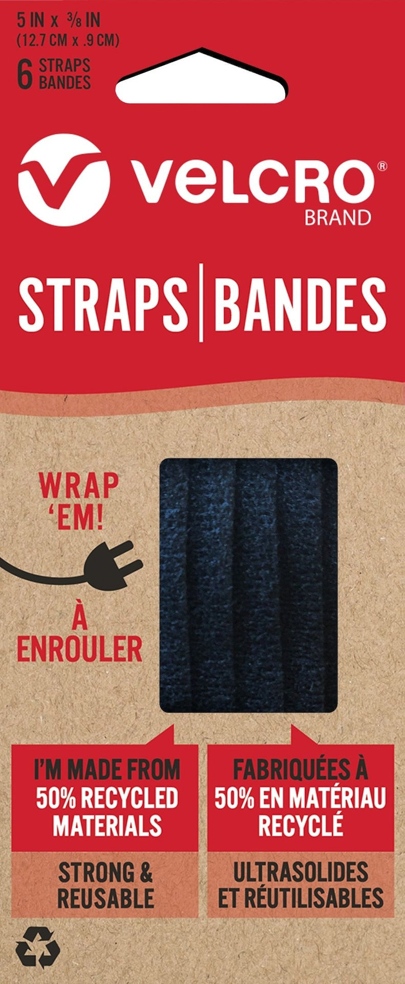 Adjustable Reusable Eco Pre-Cut Straps, Black, 5 x 0.3-in, 6-pk D1F4 - product image 1