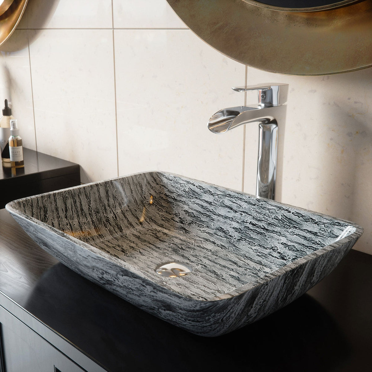 Titanium Glass Slate Grey Bathroom Sink/Basin Set with Niko Faucet and Rectangular Vessel E7B8 - product image 5