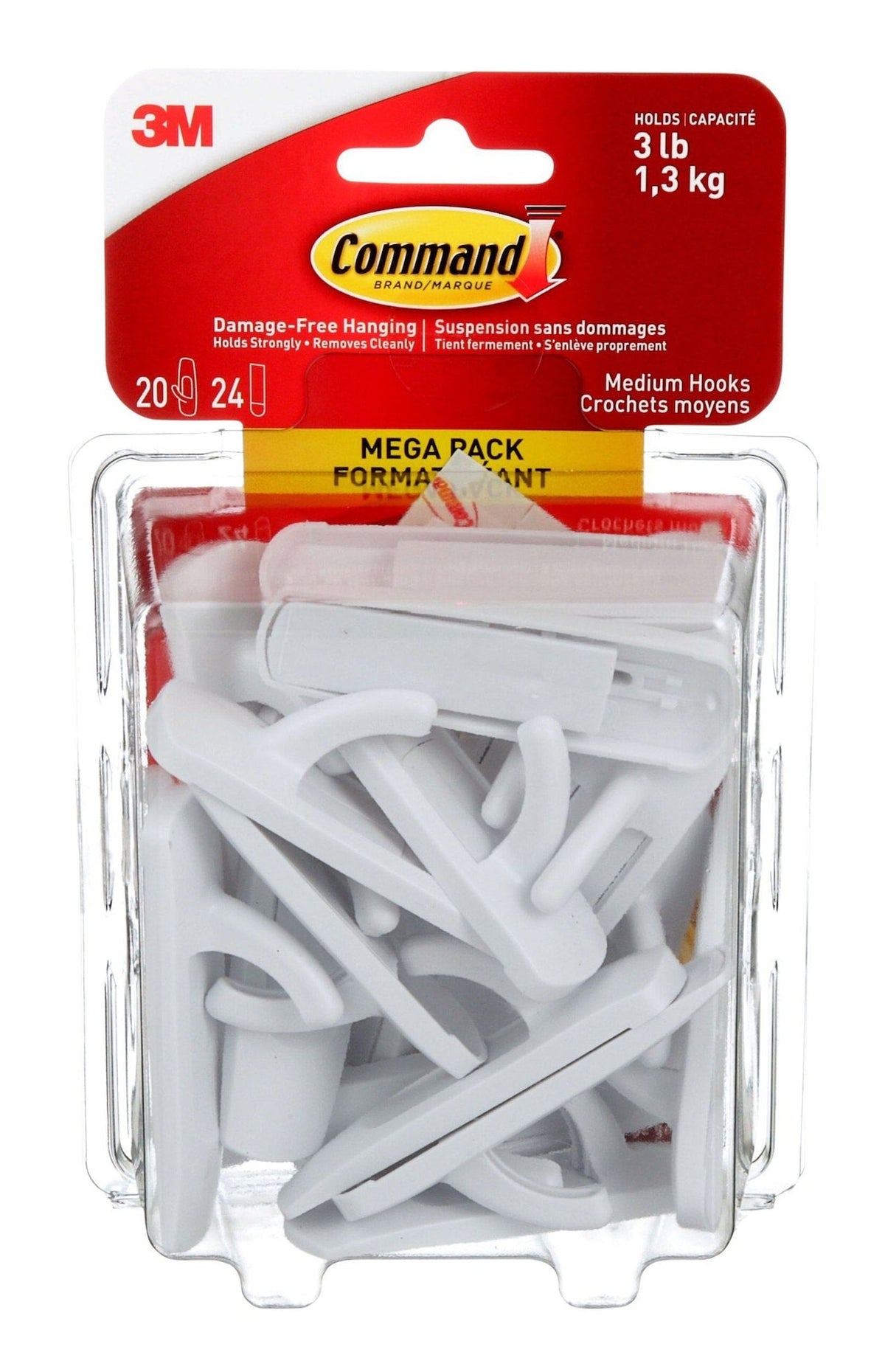 Medium Hooks Mega Pack with Adhesive Strips, White, 3-lbs, 20 Hooks/Pack V5A2 - product image 1