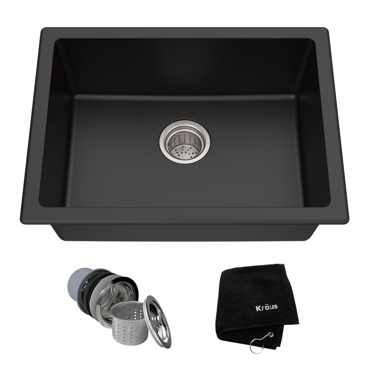 Quarza Top/Undermount Granite Single Bowl Kitchen Sink, Black Onyx, 24x18x9-in P3E8 - product image 1