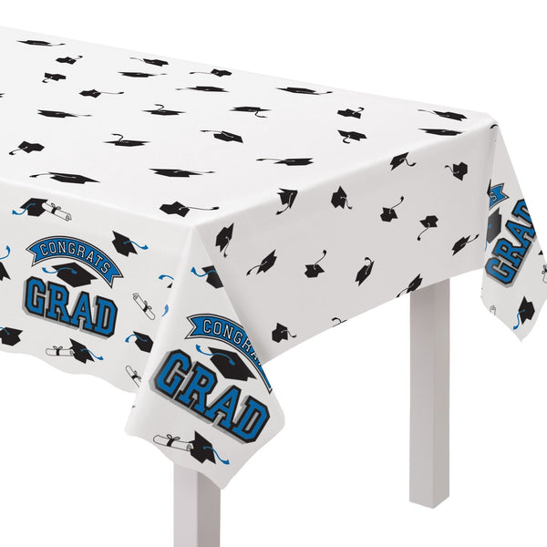 "Congrats Grad" Rectangle Plastic Reusable Table Cover, Navy, 54x84-in, for Graduation N8O5