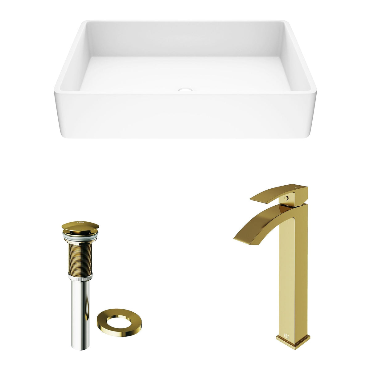 Magnolia MatteStone White Bathroom Sink/Basin Set with Matte Gold Duris Faucet and Rectangular Composite Vessel B3A3 - product image 2